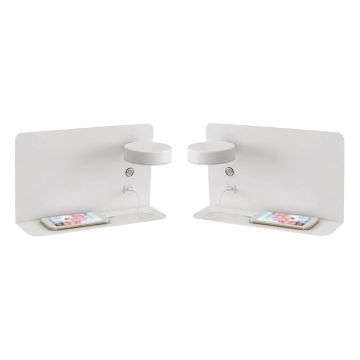 Set made of 2 LED wall lamps with shelf, rotatable lighting and usb connection white