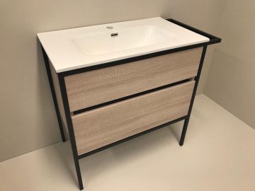 vanity unit set 2-piece Eternal 90cm oak - matt black, with ceramic washbasin