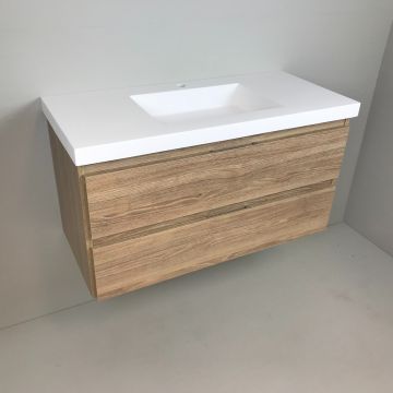 vanity unit Roble 100cm, oak 'look' with 5cm thick Composite washbasin