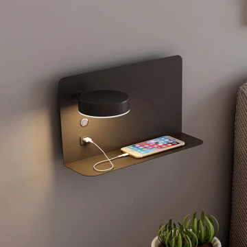 wall lamp with rotatable LED lighting, shelf and usb connection black left