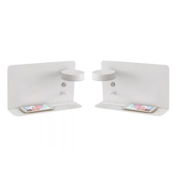 Set made of 2 LED wall lamps with shelf, rotatable lighting and usb connection white