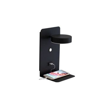 LED wall lamp with shelf, rotatable lighting and usb connection black 