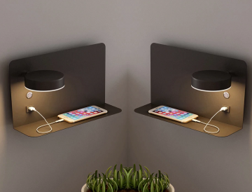 Set made of 2 LED wall lamps with shelf, rotatable lighting and usb connection black 
