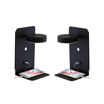 Set made of 2 LED wall lamps with shelf, rotatable lighting and usb connection black 