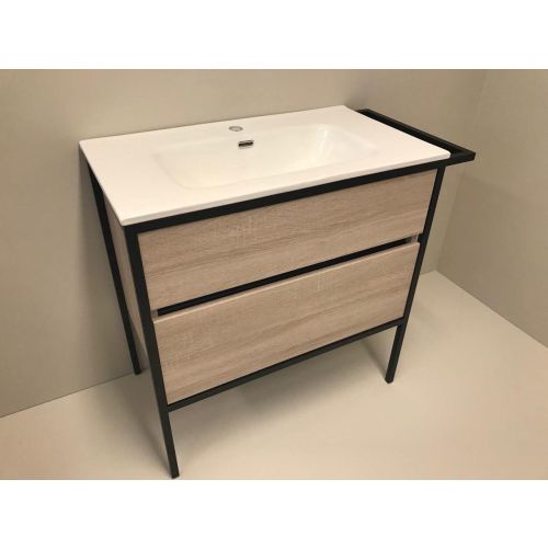 vanity unit set 2-piece Eternal 90cm oak - matt black, with ceramic washbasin