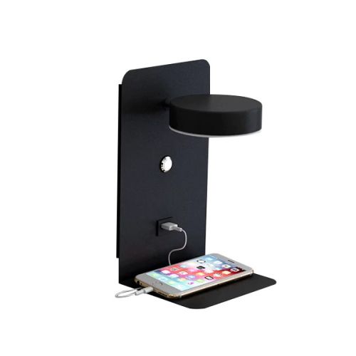LED wall lamp with shelf, rotatable lighting and usb connection black 