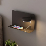 wall lamp with rotatable LED lighting, shelf and usb connection black right