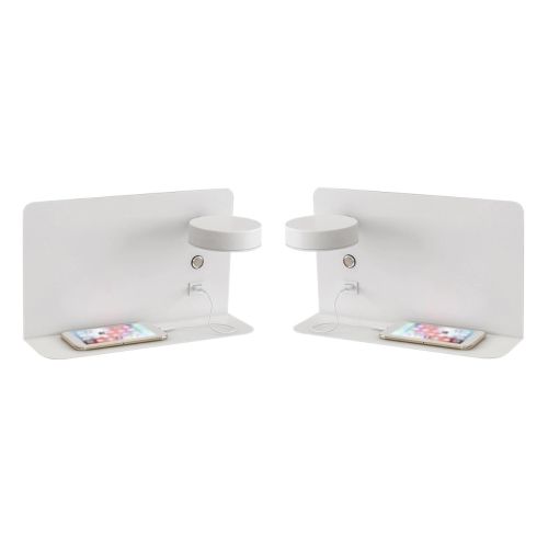 Set made of 2 LED wall lamps with shelf, rotatable lighting and usb connection white